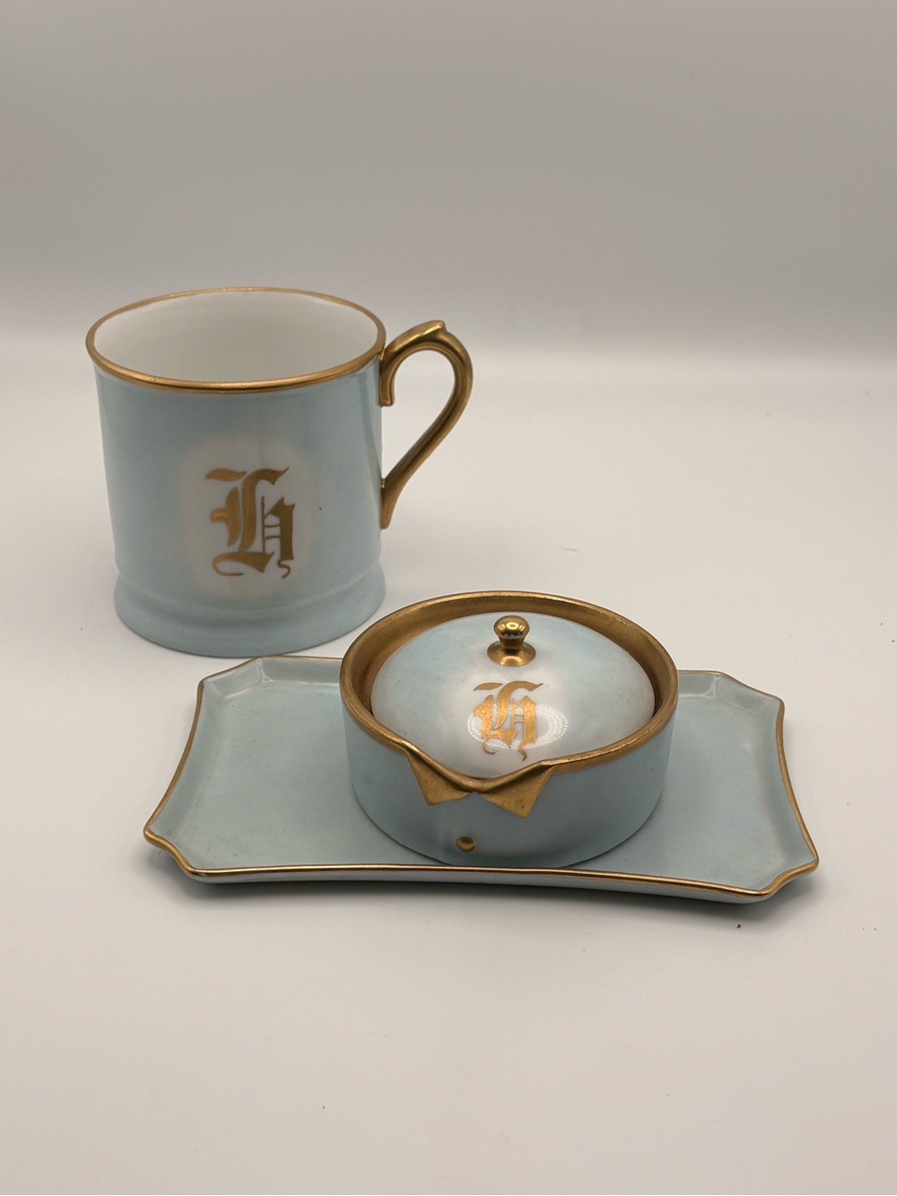Antique Rosenthal Limoges Blue Gold Shaving Set Signed Noll Monogram H